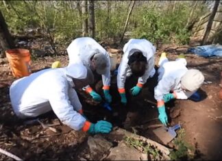 Bones of a dead man found in Sudbury river may have died up to 13 years ago Forensics experts at the scene of the discovery at the River Stour in Sudbury one year ago - Credit: Archant
